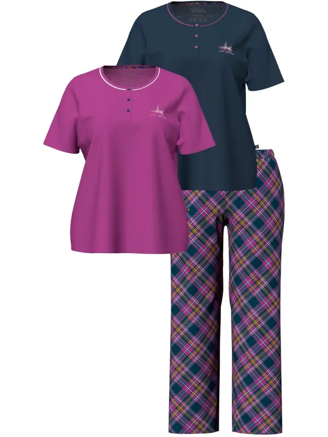 Ulla Popken Dames - Pyjama driedelig ruitpatroon ronde hals korte mouwen - Bes - Maat 50+