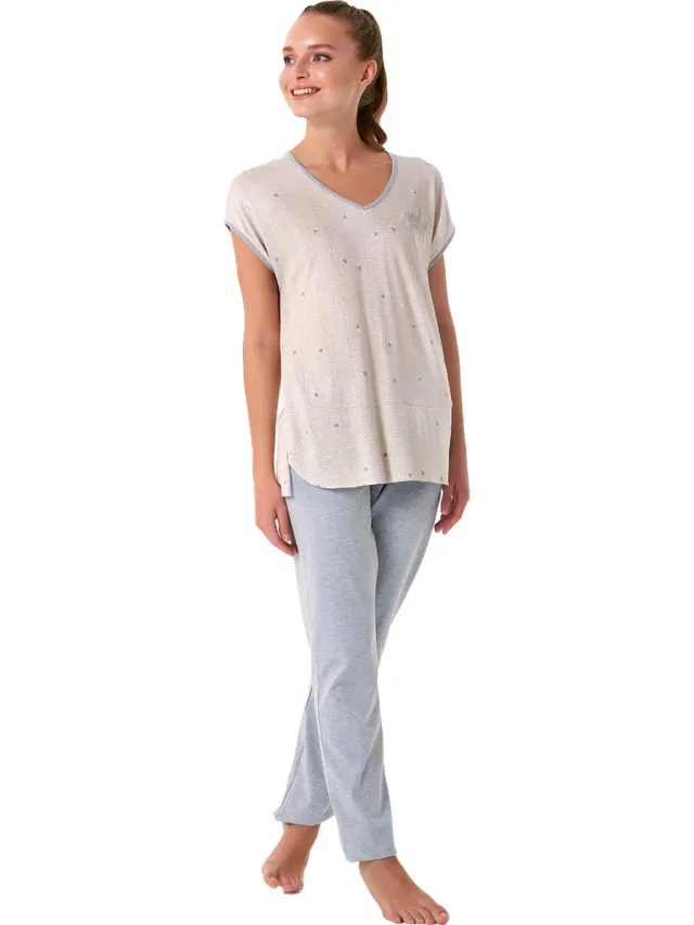 Feyza Dames Pyjama Set, Korte Mouwen, Blauw