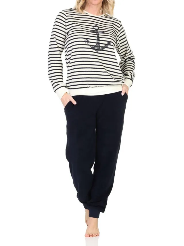 Normann badstof pyjama voor dames met maritieme look en ankermotief - ook in grote maten weiß