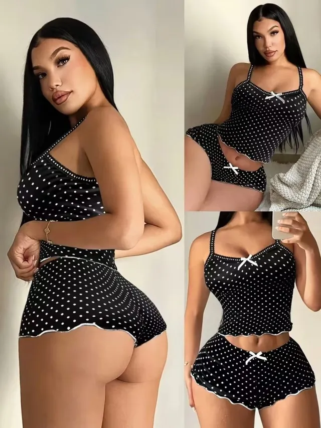 Karma 2-delige pyjamaset voor dames - hemdje en korte broek - stippenpatroon - kanten details Zwart