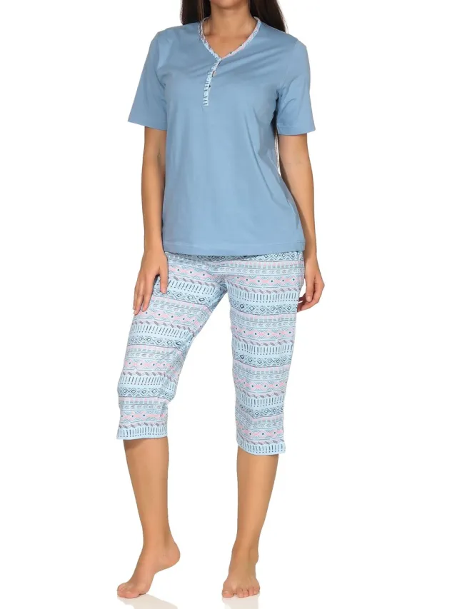 Normann dames capri pyjama met korte mouwen in Ethnolook - Ook in oversizes hellblau