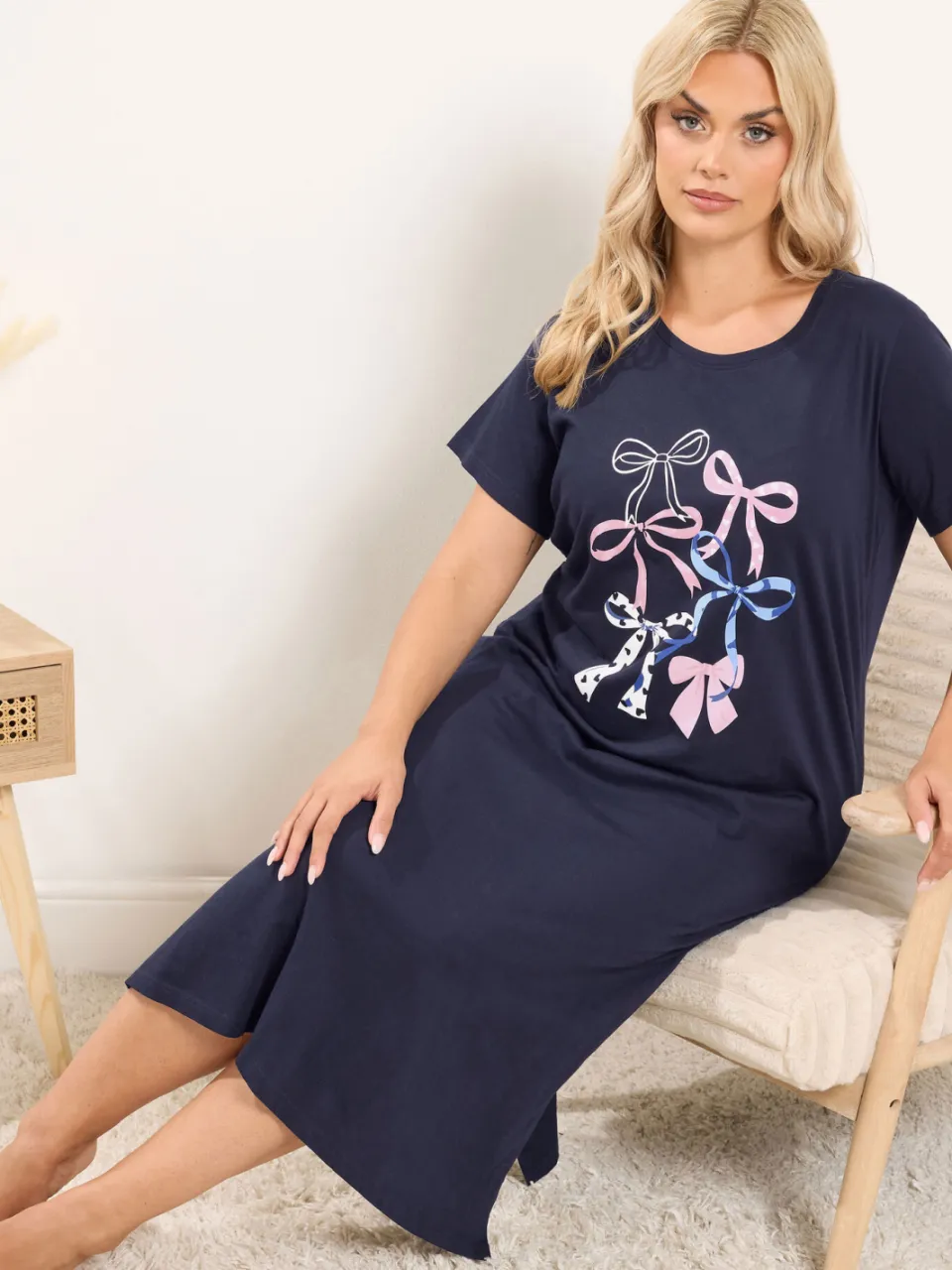 Yours Curve Midaxi Nachthemd Met Strik In Marineblauw-44, foto 2
