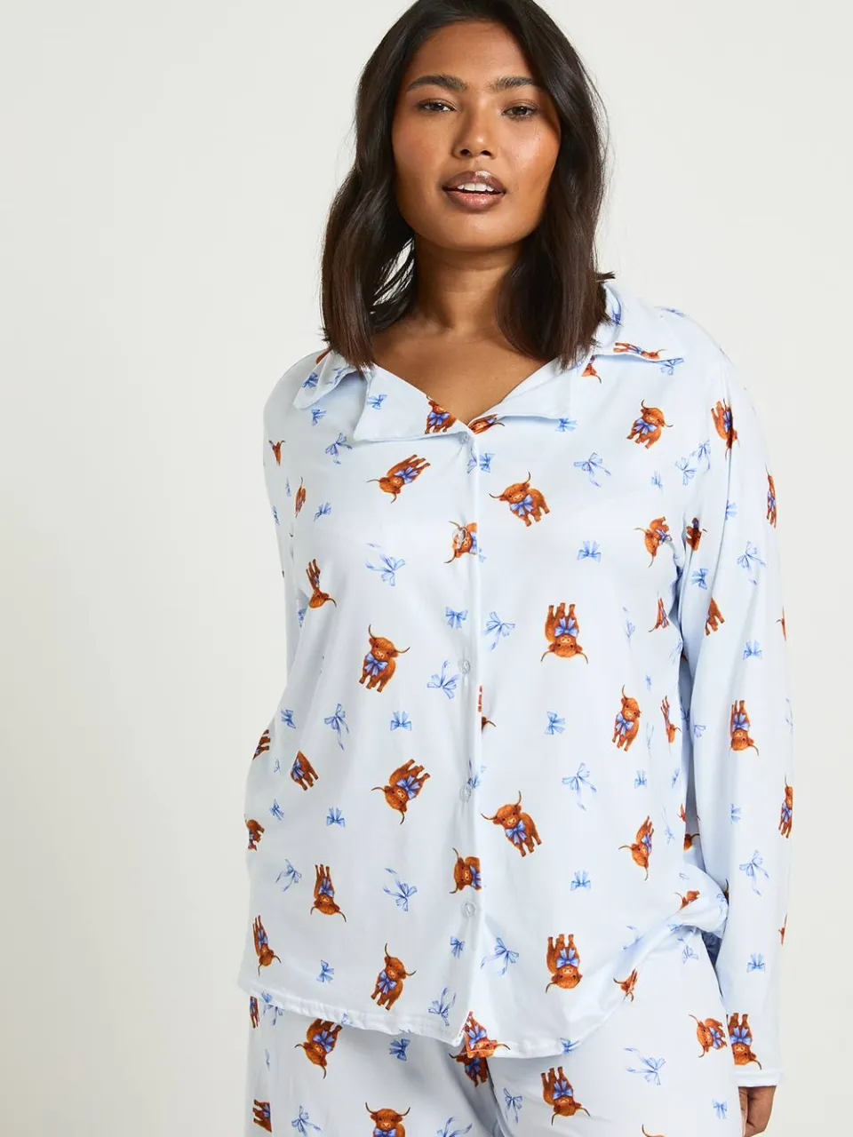 boohoo Dames Plus Schotse Hooglander Print Lange Mouw Shirt En Broek Pyjama Set blauw, foto 3