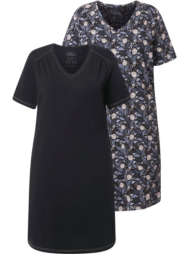 Ulla Popken Dames - Bigshirts set van 2 bladeren/effen V-hals korte mouw - Zwart - Maat 46+