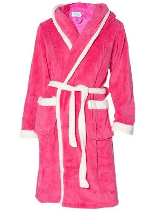 Badrock Badjas capuchon roze - fleece badjas - Badrock roze met witte bies