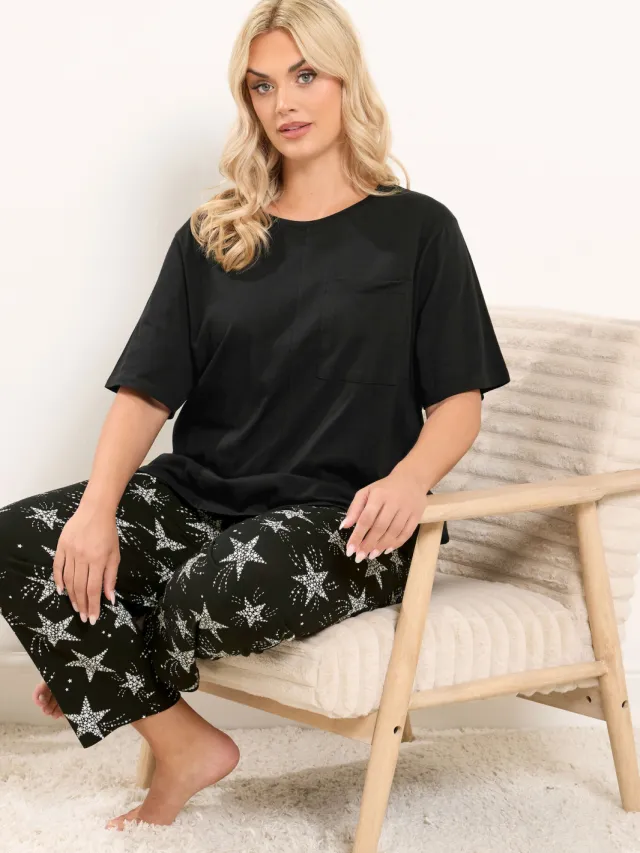 Yours Curve Pyjama Met Ster En Wijde Pijpen In Zwart-42, foto 4