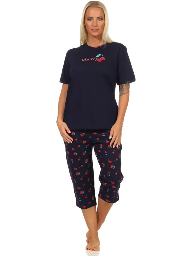 Normann Leuke dames capri pyjama korte mouw met kersen motief - 112 204 90 535 marine