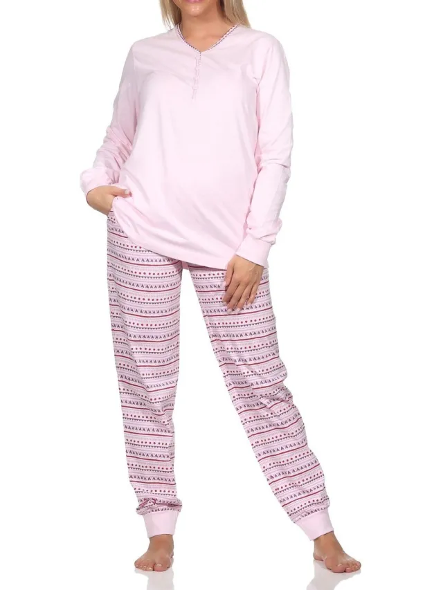Normann damespyjama met lange mouwen en manchetten in Ethnolook - Ook in oversizes rosa1