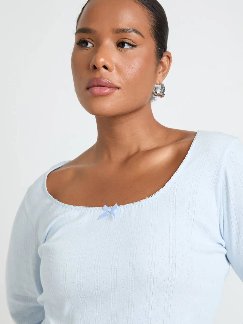 boohoo Dames Plus Pointelle Pyjama Top Met Ronde Hals En Lange Mouwen babyblauw, foto 4
