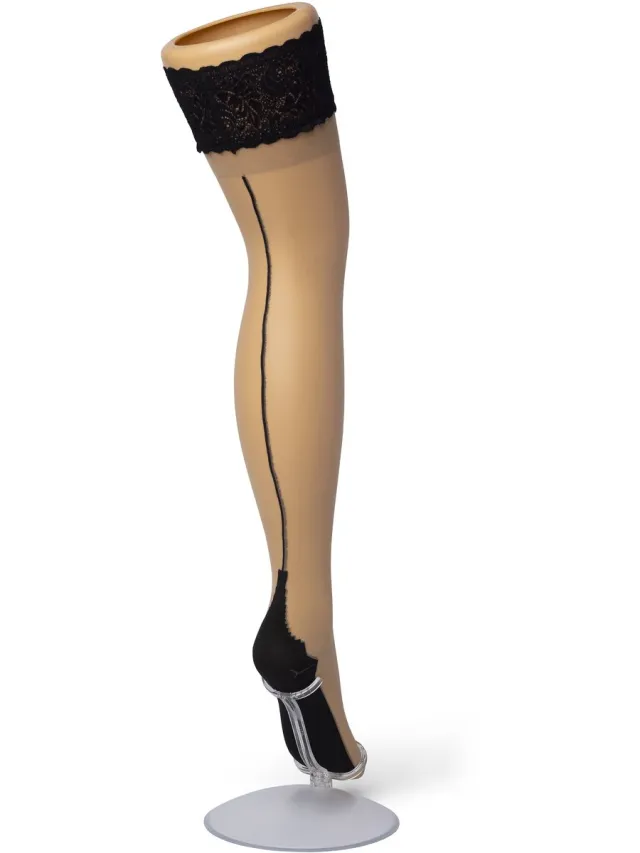 Bonnie Doon Dames Hold Up met Bies maat S/M Beige - Brede Band met Siliconen - Classic Lace Hold Up - Zakt niet af - Bies aan Achterkant - Panty zonder Broekje - Siliconenrand - Blijven Perfect Plakken - Panty Kousen - Beige - Beige - BP201704.2