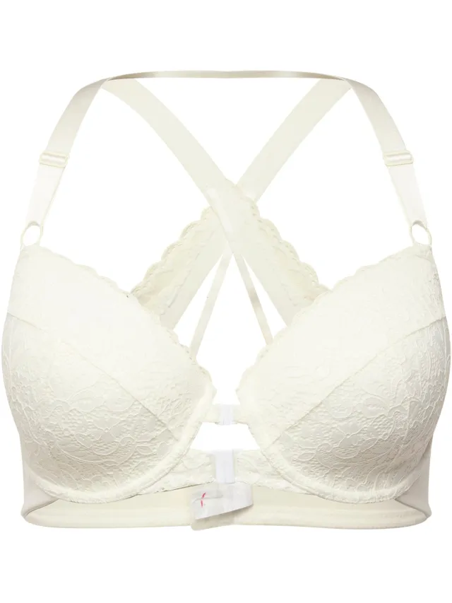 Ulla Popken Dames - Beugel-bh kant zachte cups voorsluiting - Crèmewit