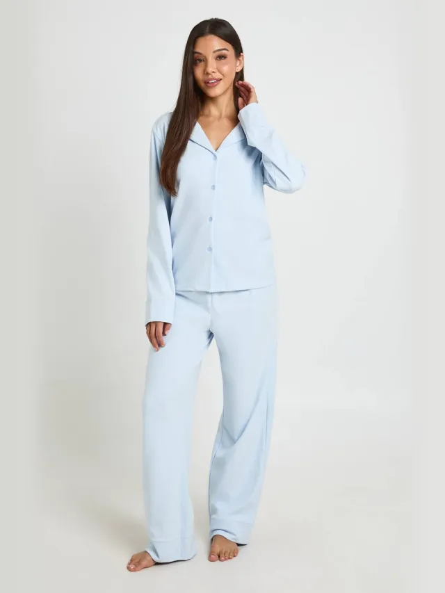 boohoo Dames Geborsteld Jersey Pyjama Set Met Shirt Met Lange Mouwen & Broek Lichtblauw