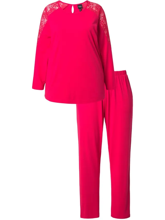 Ulla Popken Dames - Pyjama kant ronde hals lange mouwen modalmix - Magenta - Maat 46+