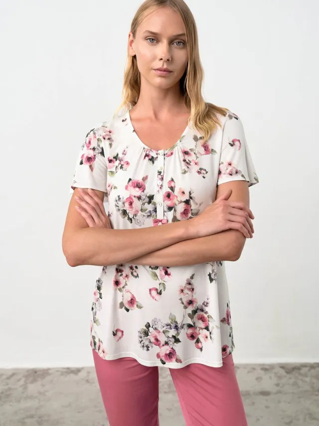 Vamp! Pyjama Dames Volwassenen Modal | Korte Mouw 3/4 Broek | Grote Maten | Rose Slate 18015/633 Wit