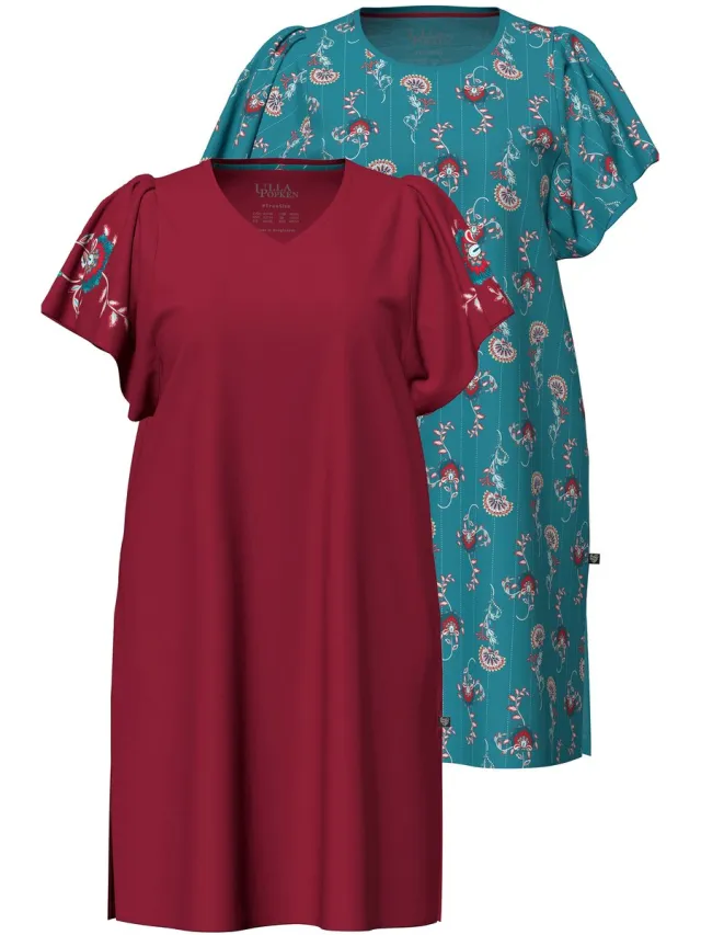 Ulla Popken Dames - Bigshirts set van 2 paisley V-hals kapmouwen - Petrol - Maat 46+