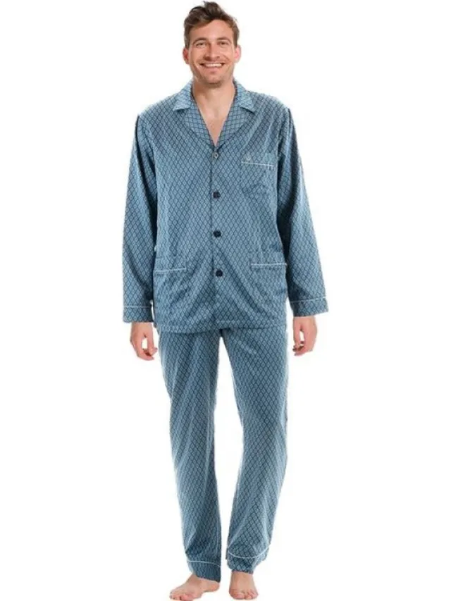 Robson Heren pyjama Satijn - Blue - Knoopsluiting - 48 - Blauw