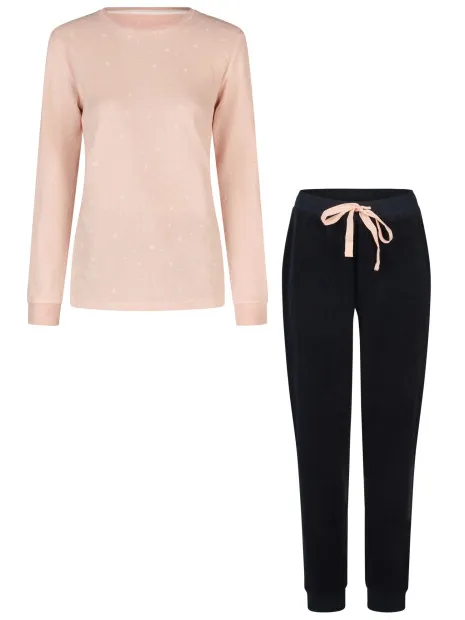 By Louise Dames winter pyjama set lang badstof roze/donkerblauw gestipt Veelkleurig