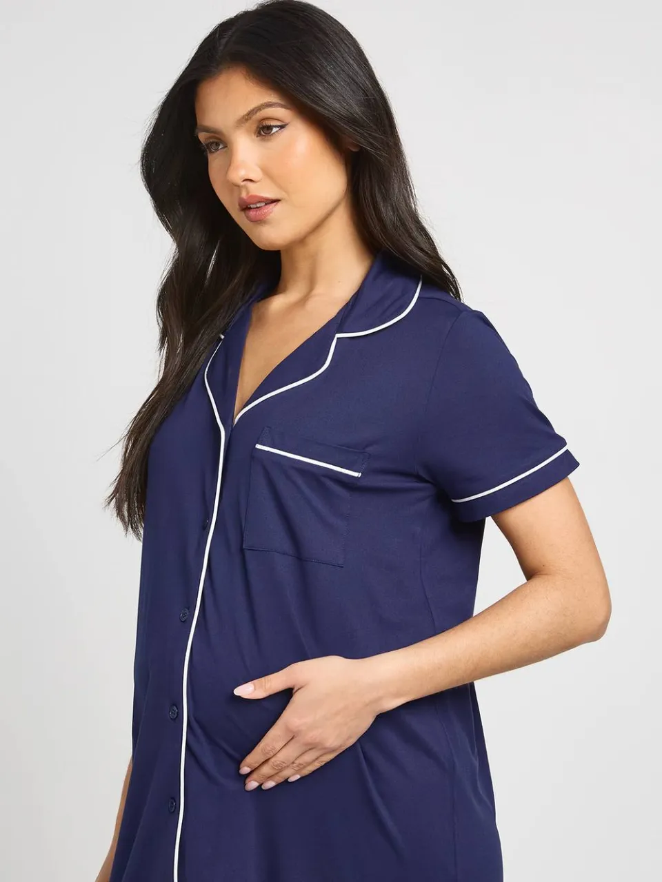 boohoo Dames Zwangerschapsnachthemd Met Korte Mouwen En Paspeldetail marineblauw, foto 4