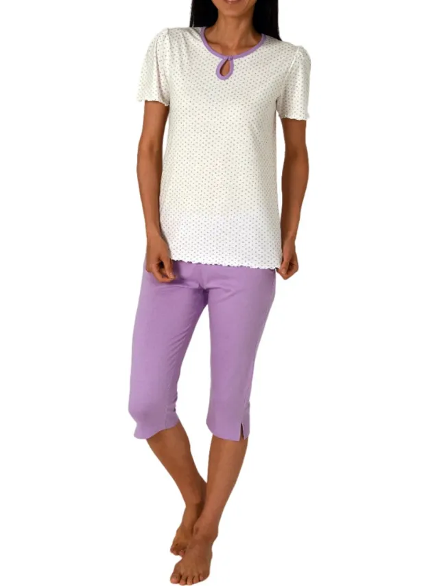 Normann dames capri pyjama met korte mouwen in stippenlook - ook in grote maten flieder