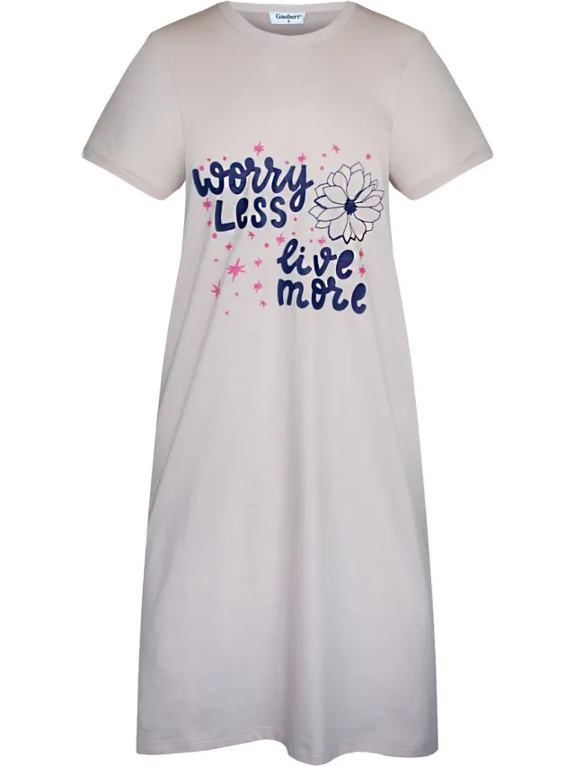 GAUBERT Essential Dames Nachthemd Korte Mouw - Premium Gekamd Katoen - Worry Less Live More - Greige - GB-6817 Korte Mouw, Greige, Worry Less Live More