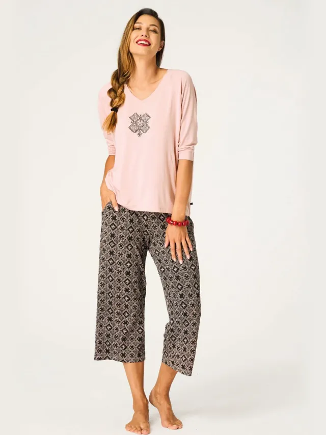 Key Viscose Dames Pyjama Lange Mouw Zomer Print Perzik Bruin LNS 731 46 /