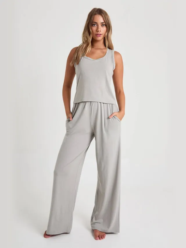 boohoo Dames Modal Hemd & Wijde Pijpen Broek Pyjama Set Grijs