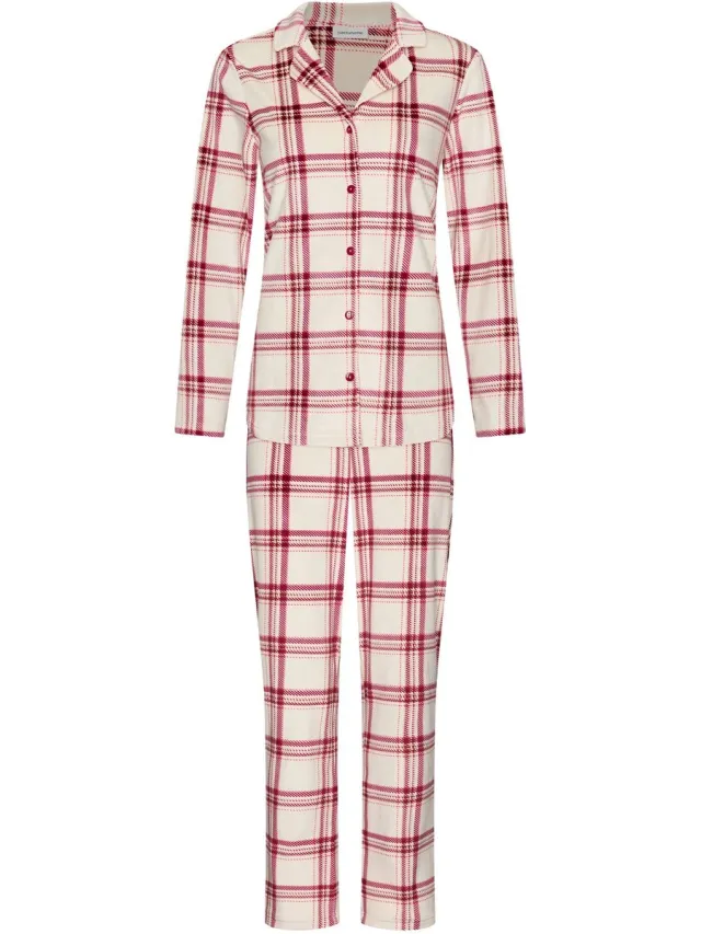 Pastunette Alpine Creme - Pyjama - Doorknoop - Velours Fleece - Creme/Rood - Geruit