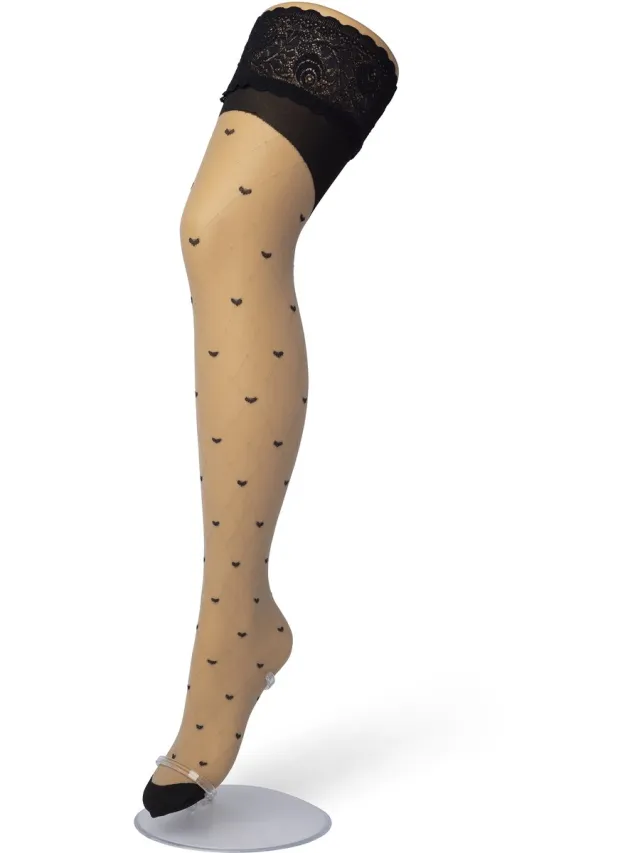 Bonnie Doon Dames Hold Up met Hartjes Print maat S/M Beige - Brede Siliconen Band - Little Hearts Hold Up - Zakt niet af - Bies aan Achterkant - Panty zonder Broekje - Siliconenrand - Blijven Perfect Plakken - Panty Kousen - Nude - BP201705.297