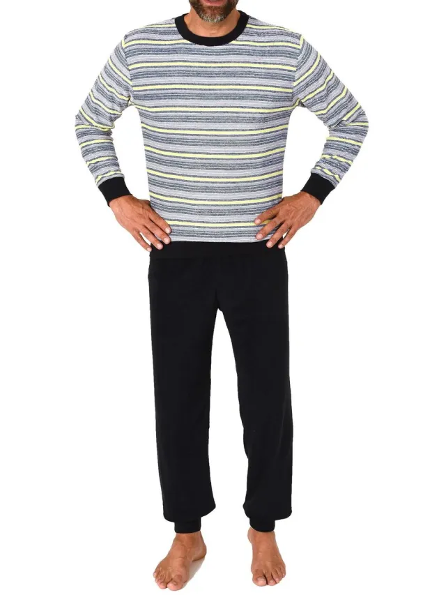 Normann Herenpyjama in badstof met lange mouwen en manchetten in streepjes-look - ook in overmaten navy3