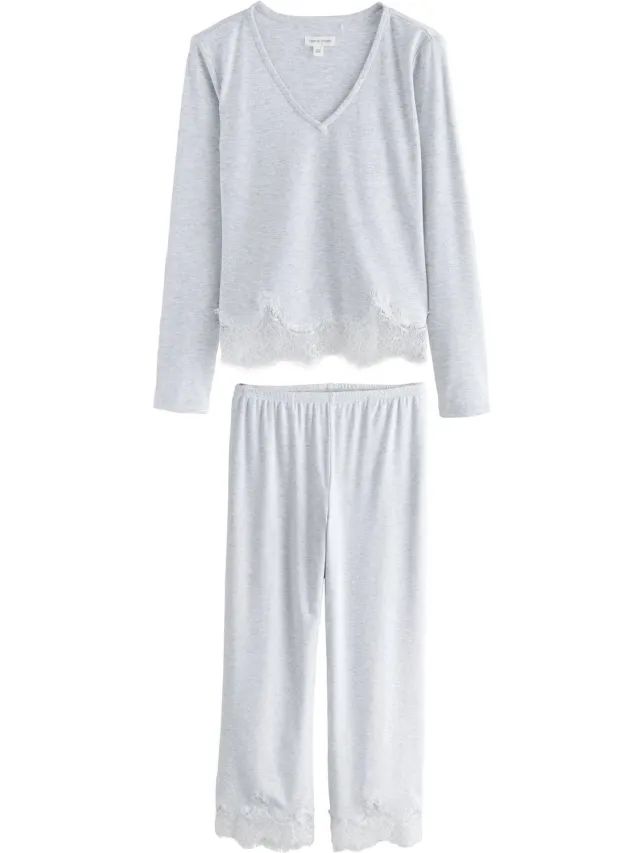 Next Dames - Gezellige geribbelde pyjama met lange mouwen en kanten details - Tall - Grijs