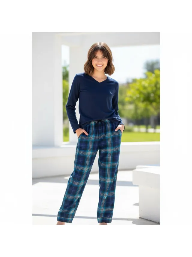 La-V pyjamasets voor dames met geruite flanel broek Donkerblauw