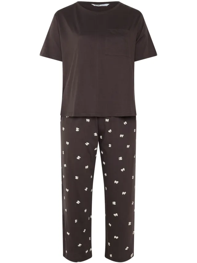 Yours Chocoladebruine Pyjamaset Met Wijde Pijpen En Strikjes-48 Brown