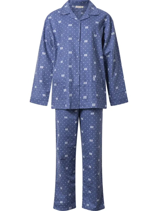 Lunatex klassieke dames pyjama flanel met doorknoop - dream queen - donkerblauw