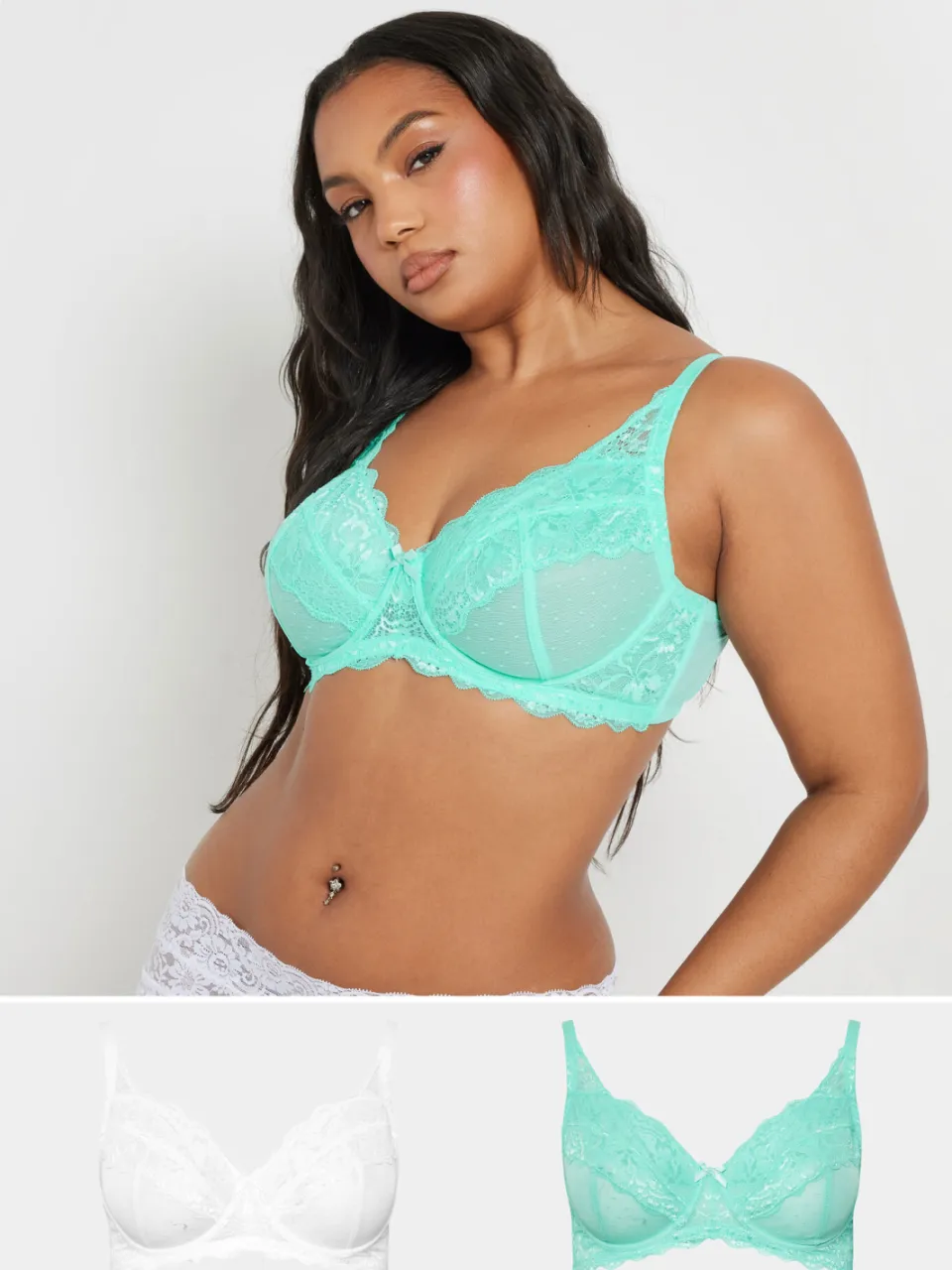 Yours 2 Pack Mesh Bh's Met Kant En Beugel In Blauwgroen/Wit Blue