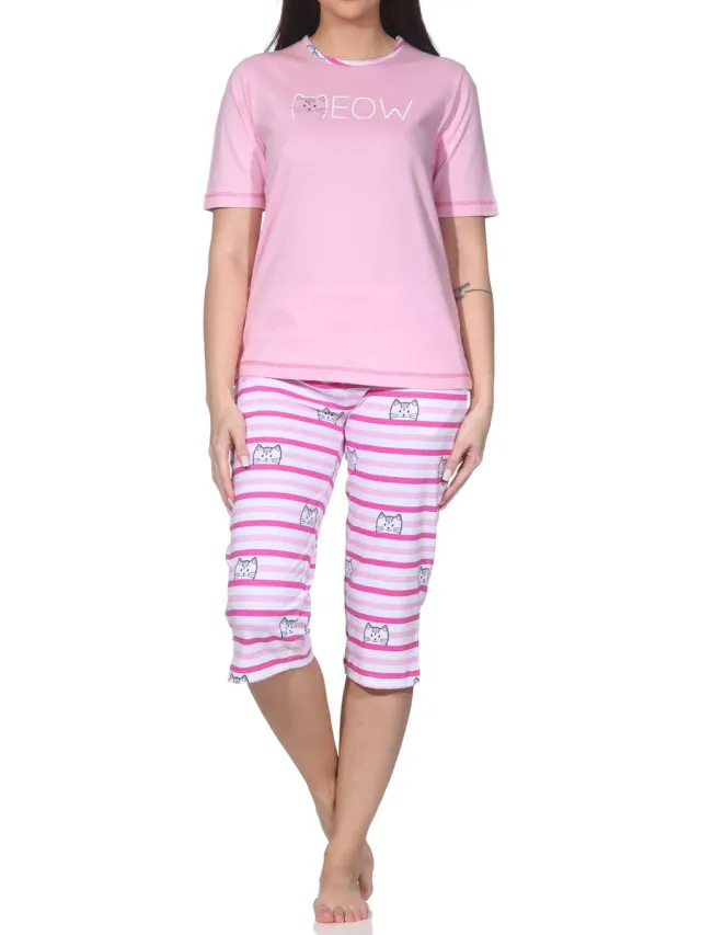 Normann dames capri pyjama met korte mouwen in kattenlook – ook in grote maten rosa