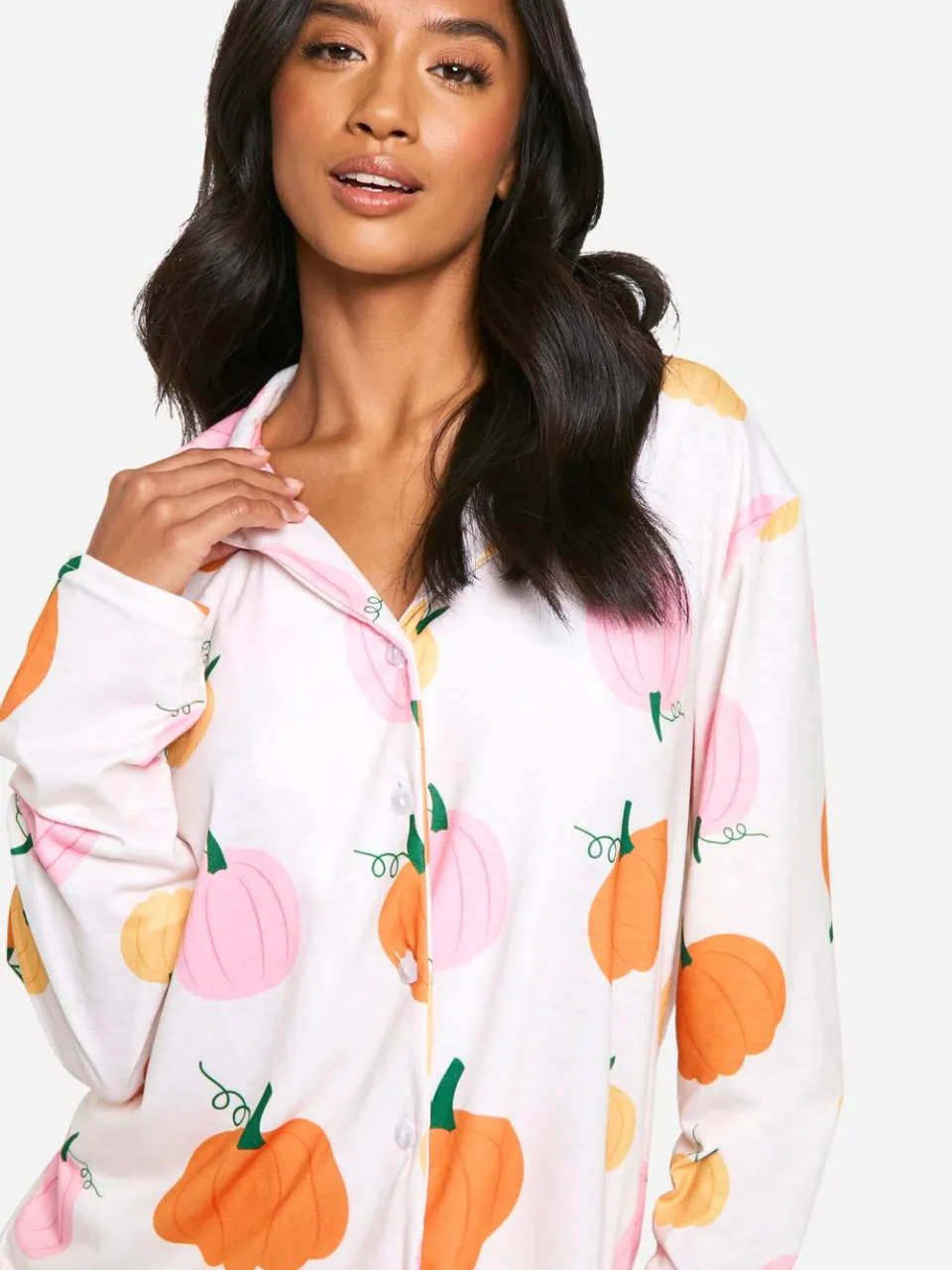 boohoo Dames Petite pyjama set met pompoenprint oranje, foto 4
