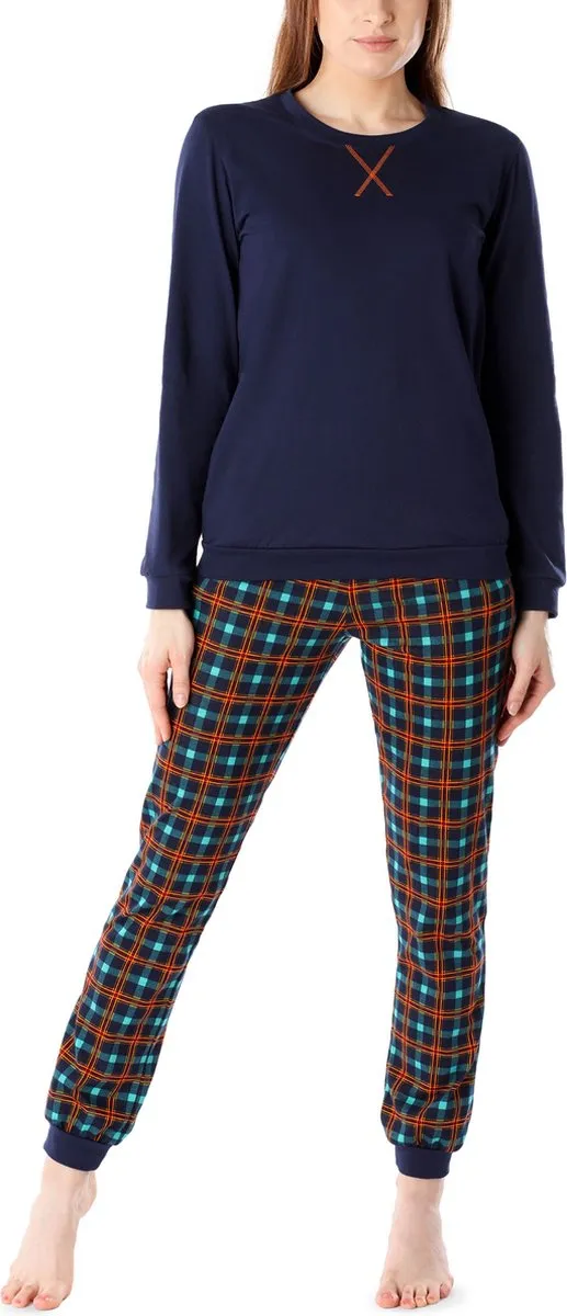Merry Style MS-MS10-168-PJ Dames Pyjama - ronde hals - lange mouwen - lange broek met zakken - Katoen - Marineblauw/Oranje/Geruit