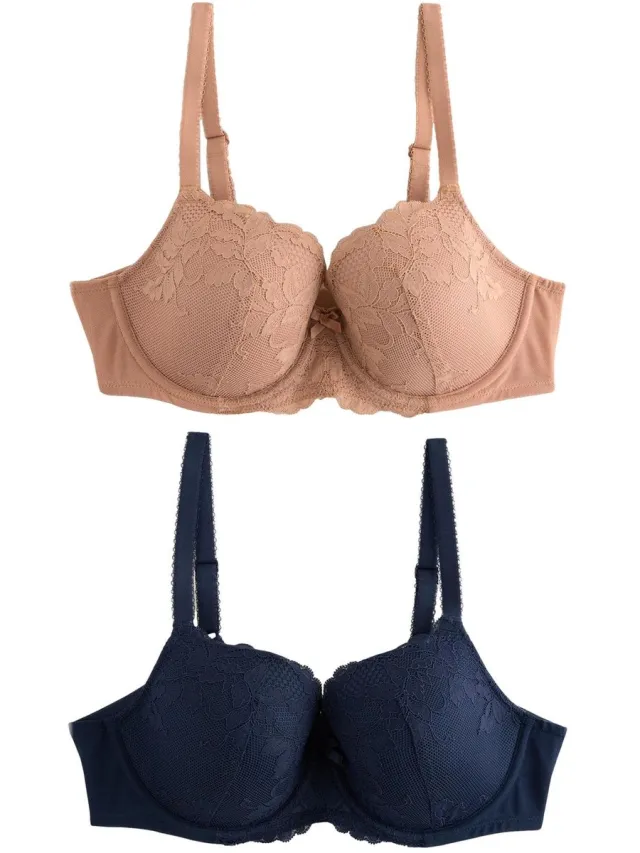 Next Dames - Set van 2 DD+ kanten balconette beha's met vulling - Blauw Praline Nude/Navy