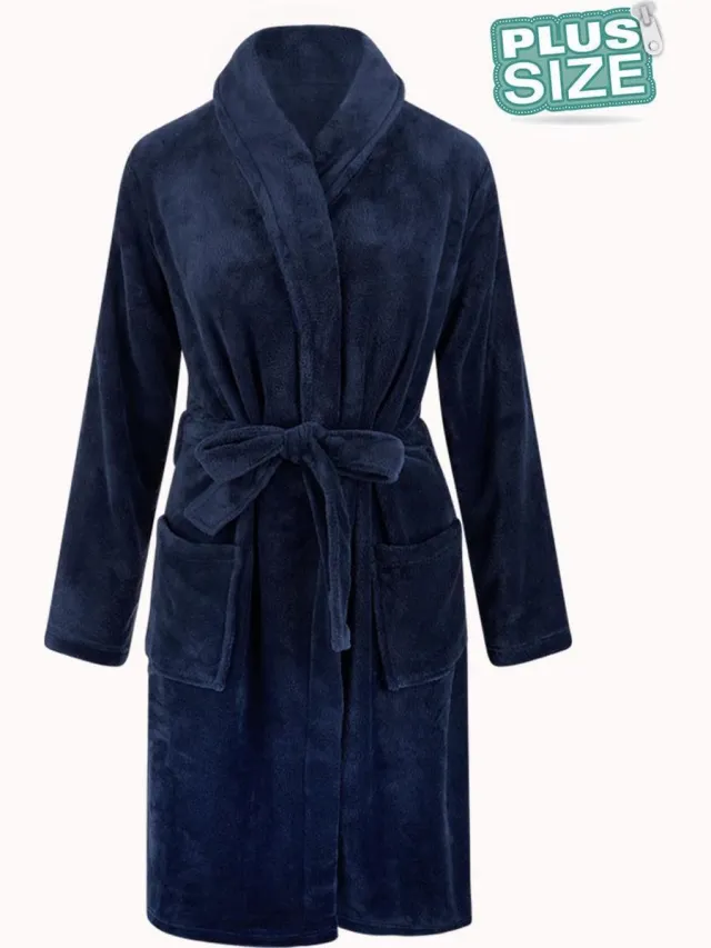 Relax Company Grote maten badjas unisex - sjaalkraag badjas van fleece - Plus size - badjas heren - badjas dames - marine blauw marineblauw