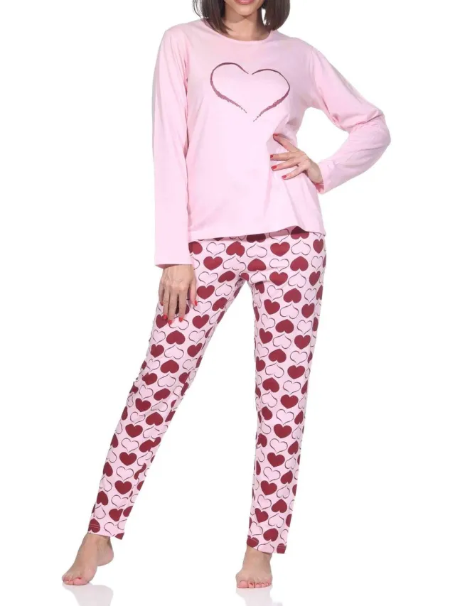 Normann dames pyjama lange mouw in hartjespolkadots look rosa