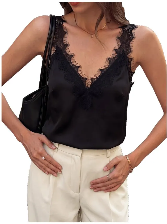 Currero Top Met Kant Dames - Topje - Kleding - Shirt - Blouse - Kort - Volwassen - Zwart