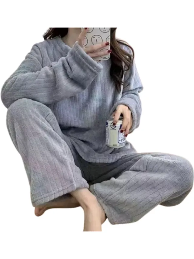 rimmo Winter Pyjama Set Dames - Flanellen O-hals Gestreepte Top & Broek met Elastische Taille - Zachte Warme Stof - Casual & Comfortabel - Dames Pyjama Set - Winter Pyjama - Loungewear - Nachtkleding Dames - Warme Pyjama grijs