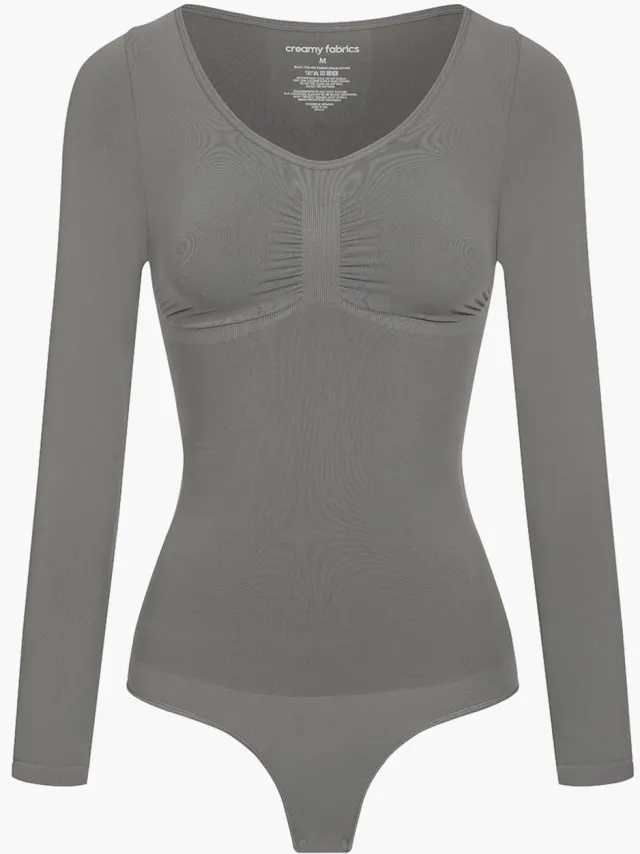 cfab Bodysuit met corrigerende werking, lange mouwen en koord - Grafiet