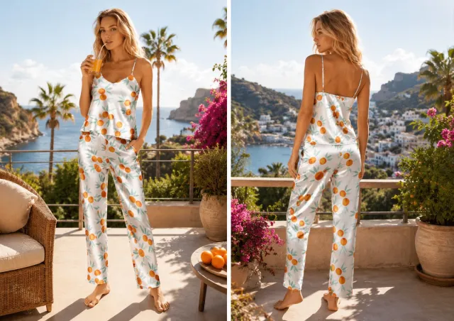 DKaren Lange satijnen damespyjama - comfortabele pyjama met oranje print - sinaasappelprint- Flowers