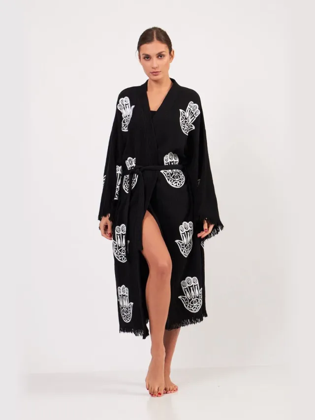Trimita Hamsa kimono badjas dames - 100% Turks katoen - mousseline - one size - zwart