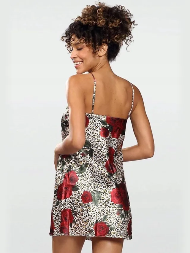 DKaren Hoogwardige satijn chemise roze print - Flowers kleurrijk
