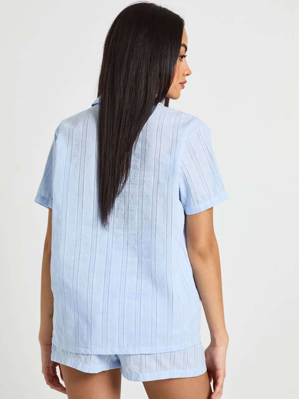 boohoo Dames Katoenen Dobby Korte Mouw Shirt & Korte Pyjama Set lichtblauw, foto 3