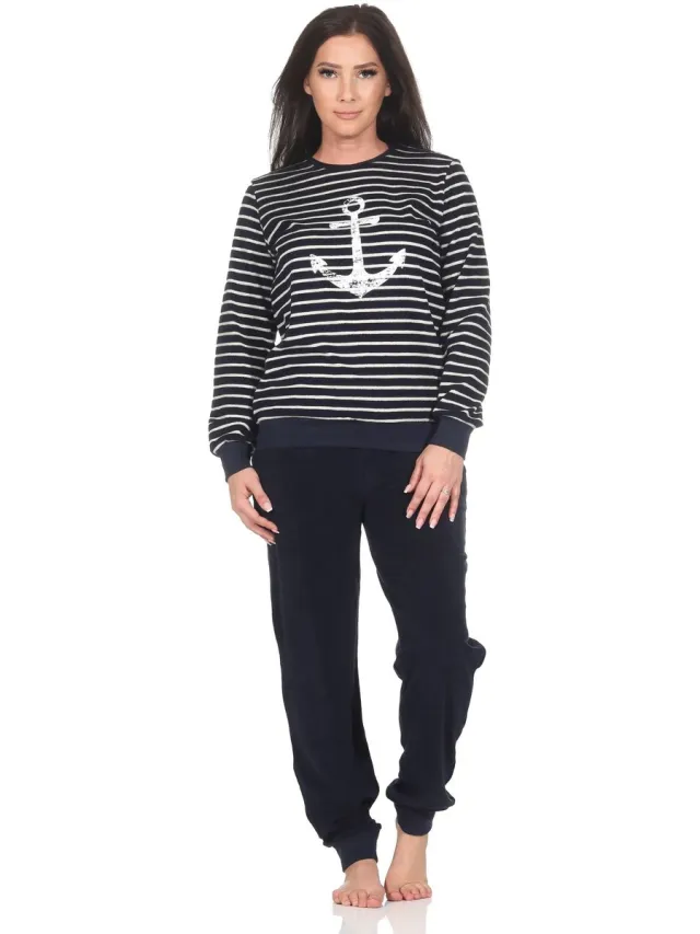 Normann badstof pyjama voor dames met maritieme look en ankermotief - ook in grote maten marine