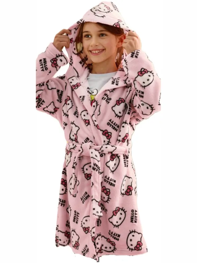 Sanrio Hello Kitty badjas - duster - kamerjas - fleece - capuchon-128 - 6-8 jaar Roze