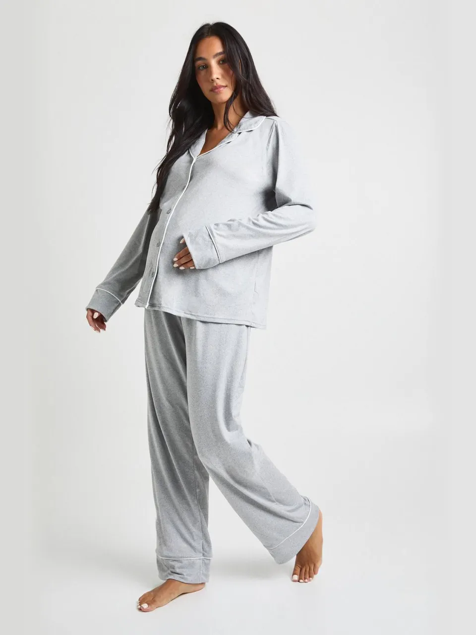 boohoo Dames Zwangerschaps pyjamaset met pijpdetail: lange mouwshirt & broek grijze mergel, foto 3